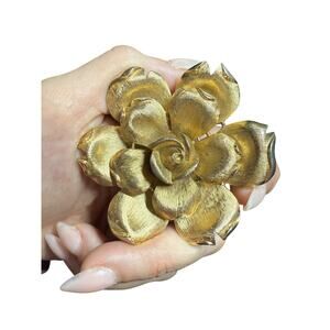 Crown Trifari Rose Brooch Brushed Gold Large 2.5 Signed 3D Bloom Flower Pin Rare